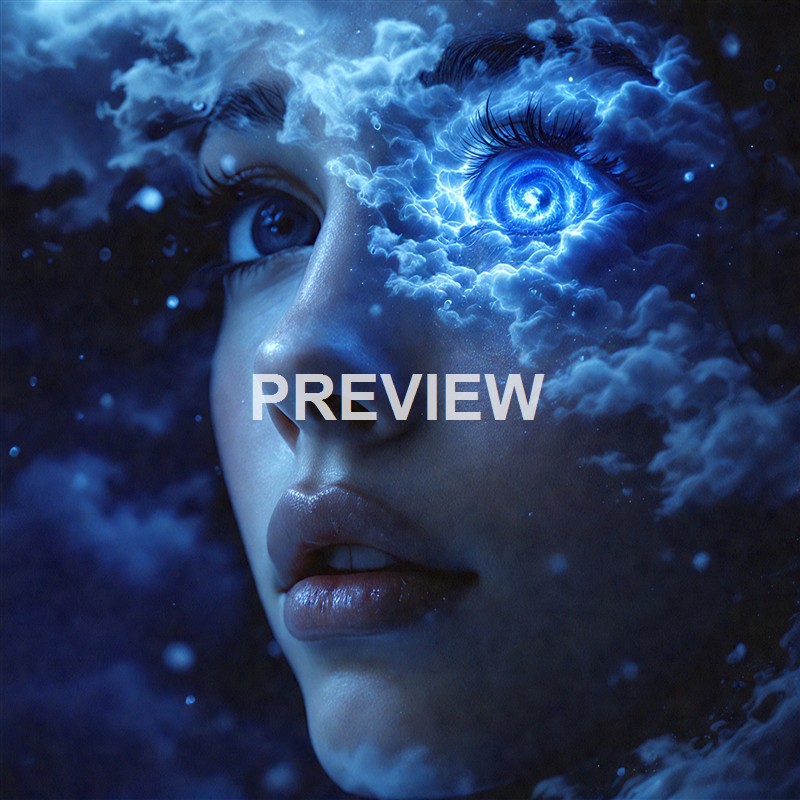 A surreal digital artwork depicting a close-up of a woman's face with a glowing, swirling blue eye surrounded by clouds and lightning, blending human features with cosmic and storm elements.